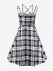 Two Tone Plaid Print Grommets Ruched Crisscross Vintage Dress -  