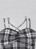 Two Tone Plaid Print Grommets Ruched Crisscross Vintage Dress -  