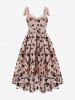 Flower Flocking Mesh Tie Ruched Tank Vintage Dress -  