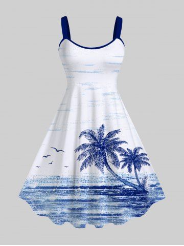 Plus Size Tropical Sea Coconut Tree Seagull Cloud Print Hawaii Tank Dress - WHITE - S