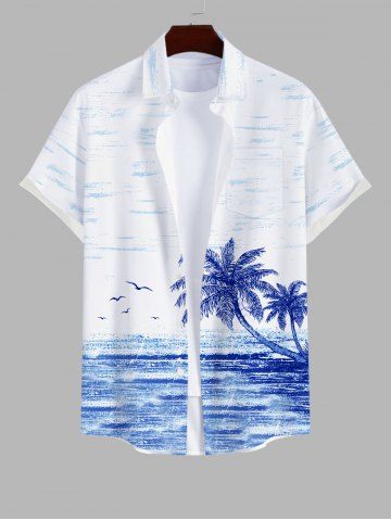 Plus Size Tropical Sea Coconut Tree Seagull Cloud Print Buttons Pocket Hawaii Shirt For Men - WHITE - L