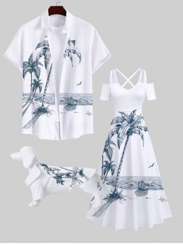 Coconut Tree Sea Boat Bird Print Hawaii Dog and Owner Matching Outfits - WHITE