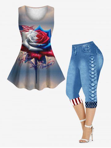 Patriotic American Flag Rose Flower Cloud Print Floral Lace Back Tank Top and Capri Leggings Plus Size Matching Set - MULTI-A