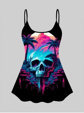 Plus Size Coconut Tree Ombre Skull Mountain Cave Print Tankini Top(Adjustable Shoulder Strap) - BLACK - S