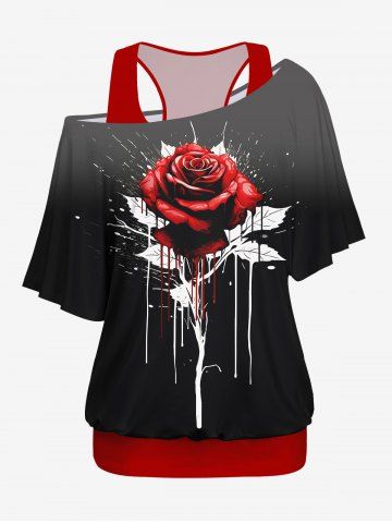 Racerback Tank Top and Rose Flower Paint Splatter Print Skew Neck T-shirt - BLACK - XS