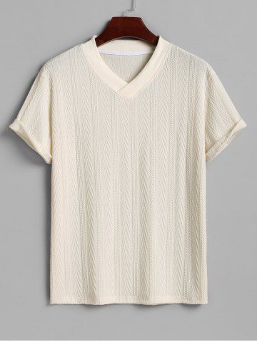 Men's Geometric Knit Jacquard Textured V-neck Short Sleeves T-shirt - CHAMPAGNE - XL