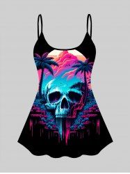 Haut de Tankini Ombré à Bretelle Réglable Crâne Arbre Noix de Coco Imprimés de Grande Taille (Débardeur) - Noir XS