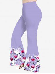 Plus Size Rose Flower Butterfly Colorblock Stars Print Flare Pants -  