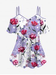 Plus Size Cold Shoulder Rose Flower Butterfly Stars Colorblock Print Cami T-shirt -  