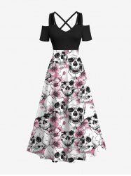 Plus Size Flowers Skulls Print Crisscross Cold Shoulder Hawaii Maxi Dress -  