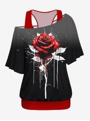 Racerback Tank Top and Rose Flower Paint Splatter Print Skew Neck T-shirt -  
