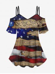 Plus Size Patriotic American Flag Broken Newspaper Print Cold Shoulder T-shirt -  
