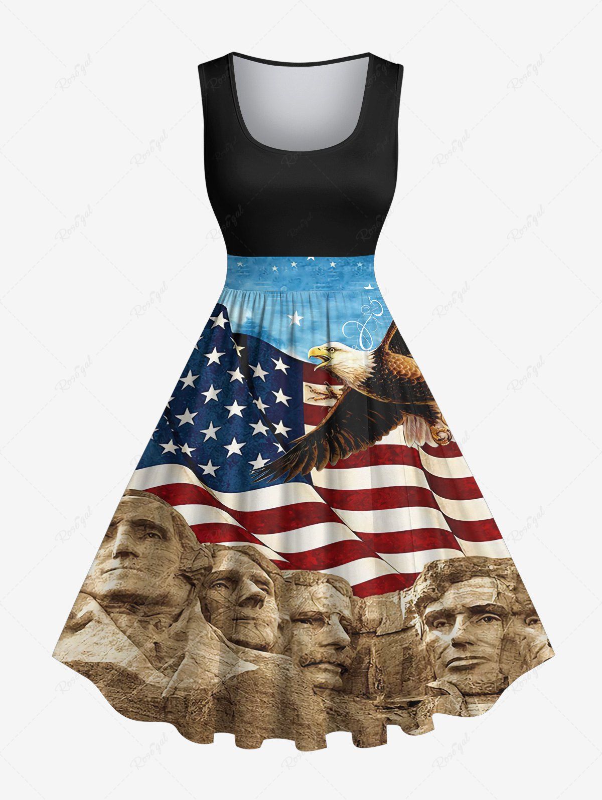 Hot Plus Size Patriotic American Flag Eagle Stone Statue Print 1950s Vintage Dress  