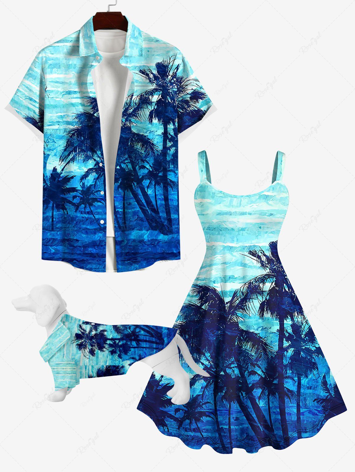 Latest Coconut Tree Sea Waves Ombre Print Hawaii Dog and Owner Matching Outfits  