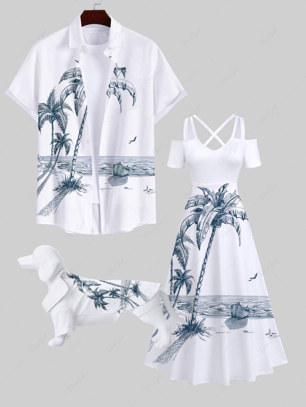 Outfits Coconut Tree Sea Boat Bird Print Hawaii Dog and Owner Matching Outfits  