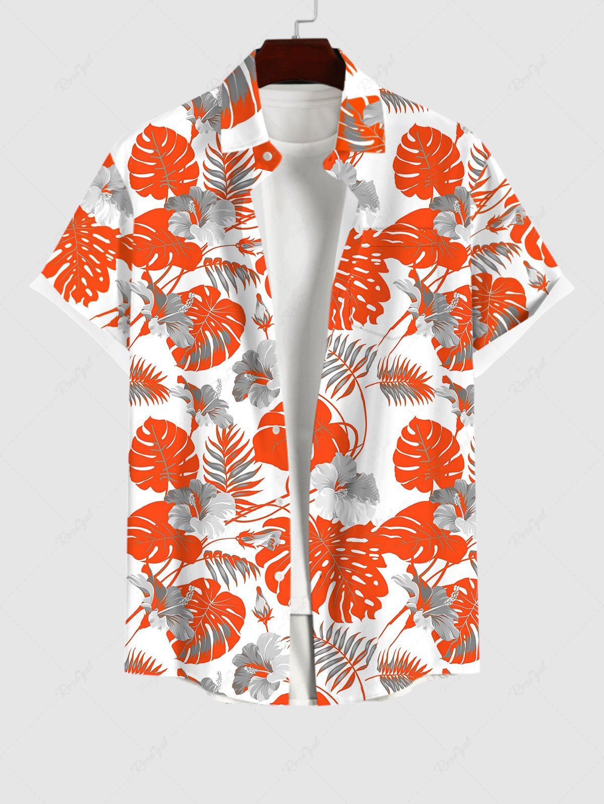 Fashion Plus Size Tropical Leaf Hibiscus Flowers Print Buttons Pocket Hawaii Shirt For Men  