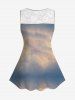 Patriotic American Flag Rose Flower Cloud Print Floral Lace Back Tank Top and Capri Leggings Plus Size Matching Set -  