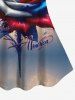 Patriotic American Flag Rose Flower Cloud Print Floral Lace Back Tank Top and Capri Leggings Plus Size Matching Set -  