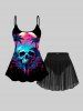 Haut de Tankini Ombré à Bretelle Réglable Crâne Arbre Noix de Coco Imprimés de Grande Taille (Débardeur) - Noir 3X