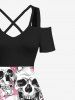 Plus Size Flowers Skulls Print Crisscross Cold Shoulder Hawaii Maxi Dress -  