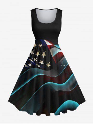 Plus Size Patriotic American Flag Star Glitter 3D Print 1950s Vintage Dress - BLACK - XS