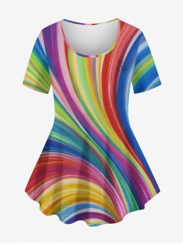 Plus Size Colorful Rainbow Swirls Colorblock Glitter 3D Print T-shirt - MULTI-A - 3X