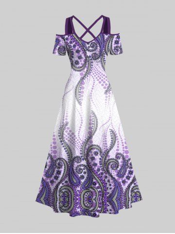 Plus Size Octopus Paisley Flowers Print Crisscross Cold Shoulder Hawaii Maxi Dress - LIGHT PURPLE - M