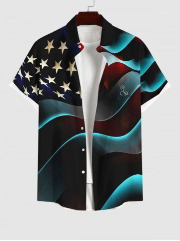 Plus Size Patriotic American Flag Star Glitter 3D Print Buttons Pocket Shirt For Men - BLACK - 2XL