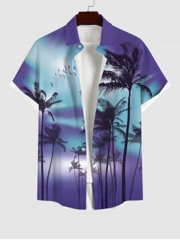 Plus Size Coconut Tree Ombre Colorblock Print Buttons Pocket Hawaii Shirt For Men - PURPLE - S