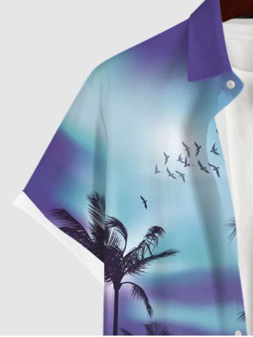 Plus Size Coconut Tree Ombre Colorblock Print Buttons Pocket Hawaii Shirt For Men