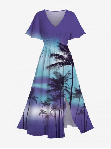 Plus Size Coconut Tree Ombre Colorblock Print Hawaii Split Midi Dress - PURPLE - XS