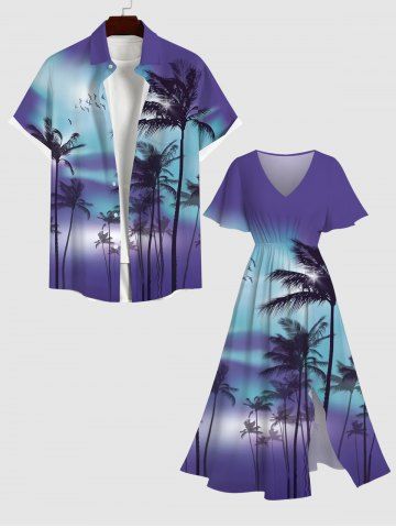 Coconut Tree Ombre Colorblock Print Plus Size Matching Hawaii Beach Outfit For Couples - PURPLE