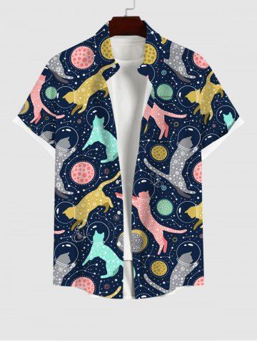 Plus Size Cat Bubble Moon Planet Galaxy Butterfly Print Button Pocket Shirt For Men