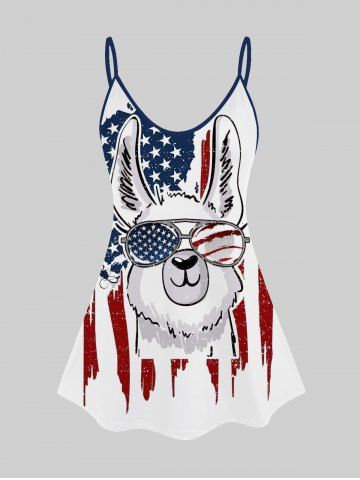 Plus Size Rabbit Patriotic American Flag Print Cami Top (Adjustable Shoulder Strap) - WHITE - XS