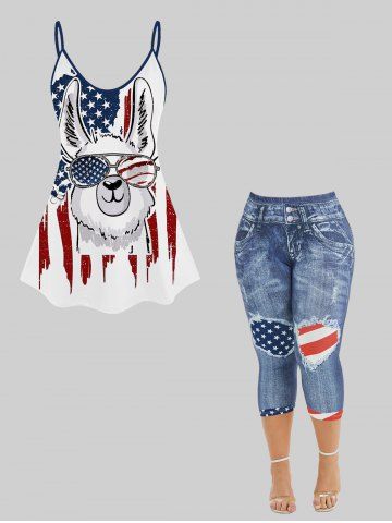 Rabbit American Flag Print Top and 3D Ripped Denim Graphic Leggings Plus Size Matching Set - WHITE