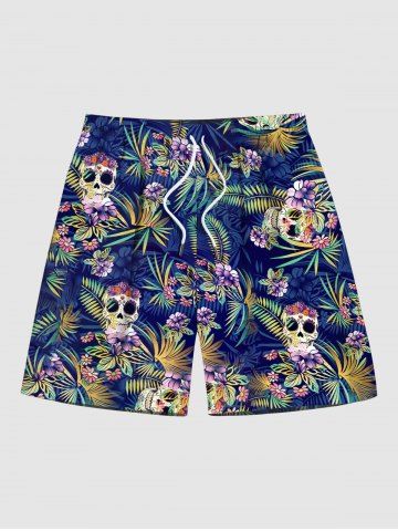 Plus Size Skull Floral Tropical Coconut Leaves Print Hawaii Drawstring Beach Shorts For Men - BLUE - XL