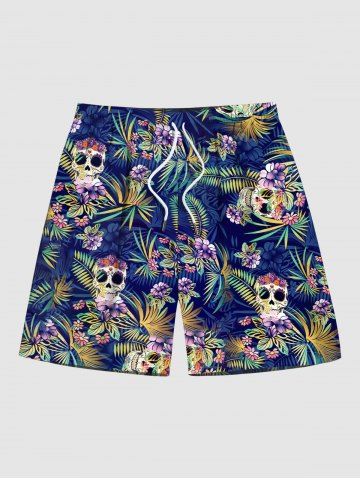Plus Size Skull Floral Tropical Coconut Leaves Print Hawaii Drawstring Beach Shorts For Men - BLUE - 2XL