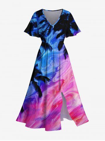 Plus Size Coconut Tree Colorful Ombre Quicksand Print Hawaii Split Pocket A Line Midi Dress - MULTI-A - 1X