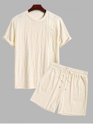 Men's Crew Neck Frayed Drawnwork Short Sleeves T-shirt And Slant Pockets Drawstring Casual Shorts Set - LIGHT COFFEE - XXL