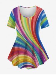 Plus Size Colorful Rainbow Swirls Colorblock Glitter 3D Print T-shirt -  