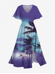 Plus Size Coconut Tree Ombre Colorblock Print Hawaii Split Midi Dress - Pourpre  5X