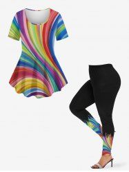 Colorful Rainbow Swirls Colorblock Glitter 3D Print T-shirt and Leggings Plus Size Matching Set -  