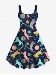 Plus Size Cat Bubble Moon Planet Galaxy Butterfly Print Backless A Line Tank Dress -  