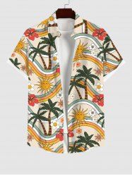 Plus Size Coconut Tree Sun Floral Rainbow Print Hawaii Button Pocket Shirt For Men -  