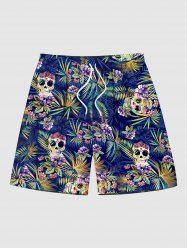 Plus Size Skull Floral Tropical Coconut Leaves Print Hawaii Drawstring Beach Shorts For Men -  