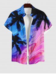 Plus Size Coconut Tree Colorful Ombre Quicksand Print Hawaii Button Pocket Shirt For Men -  