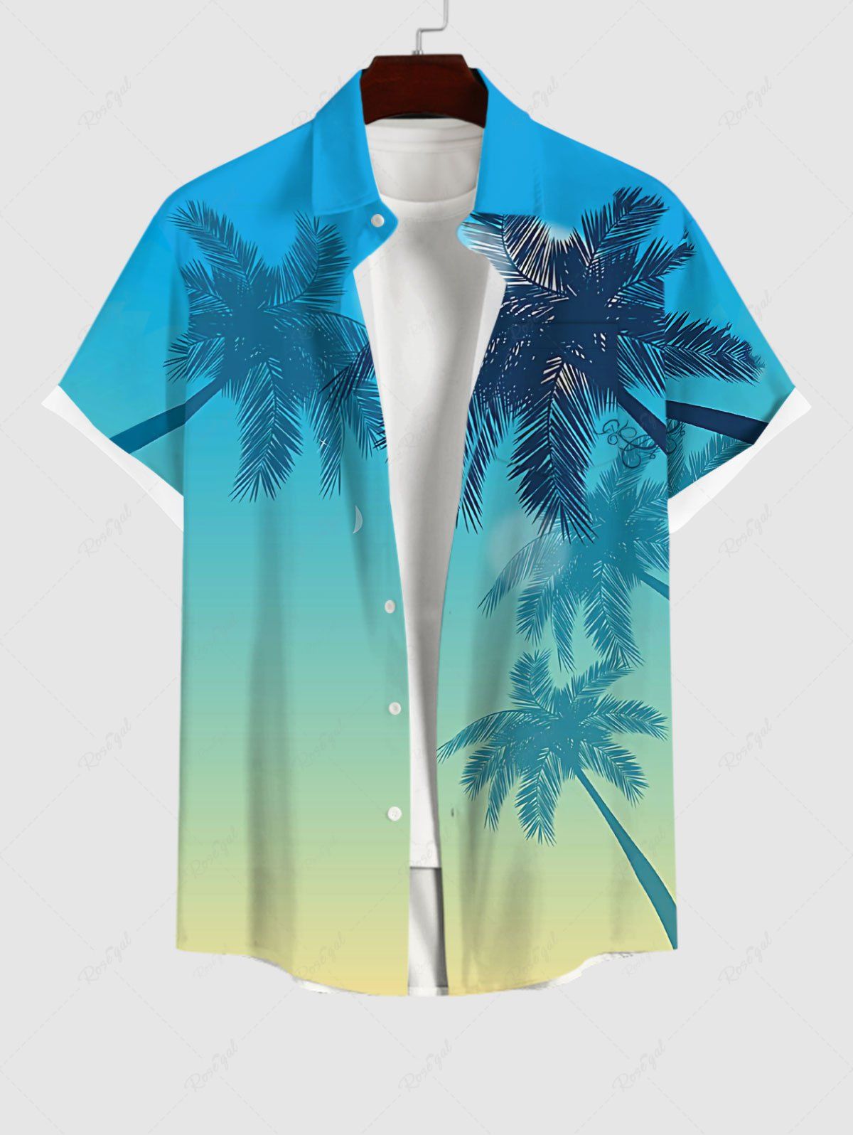 Store Plus Size Tropical Coconut Tree Ombre Print Buttons Pocket Hawaii Shirt For Men  