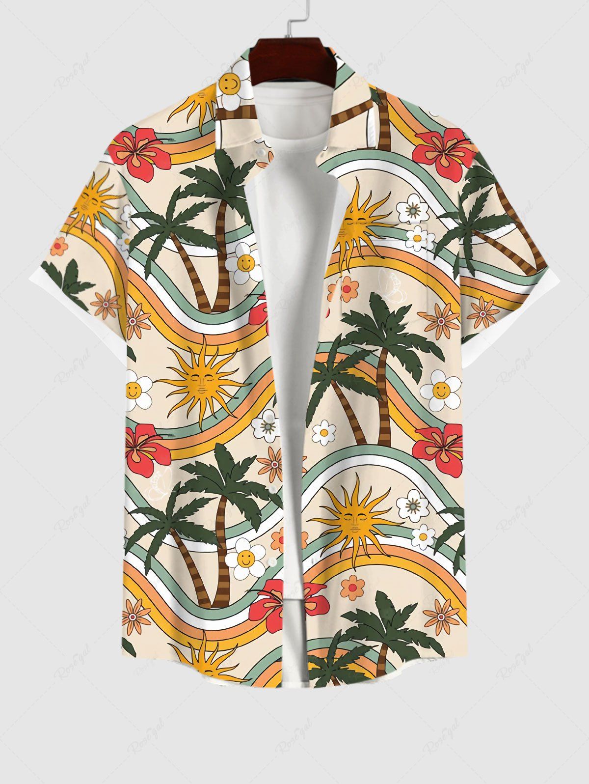 Shop Plus Size Coconut Tree Sun Floral Rainbow Print Hawaii Button Pocket Shirt For Men  