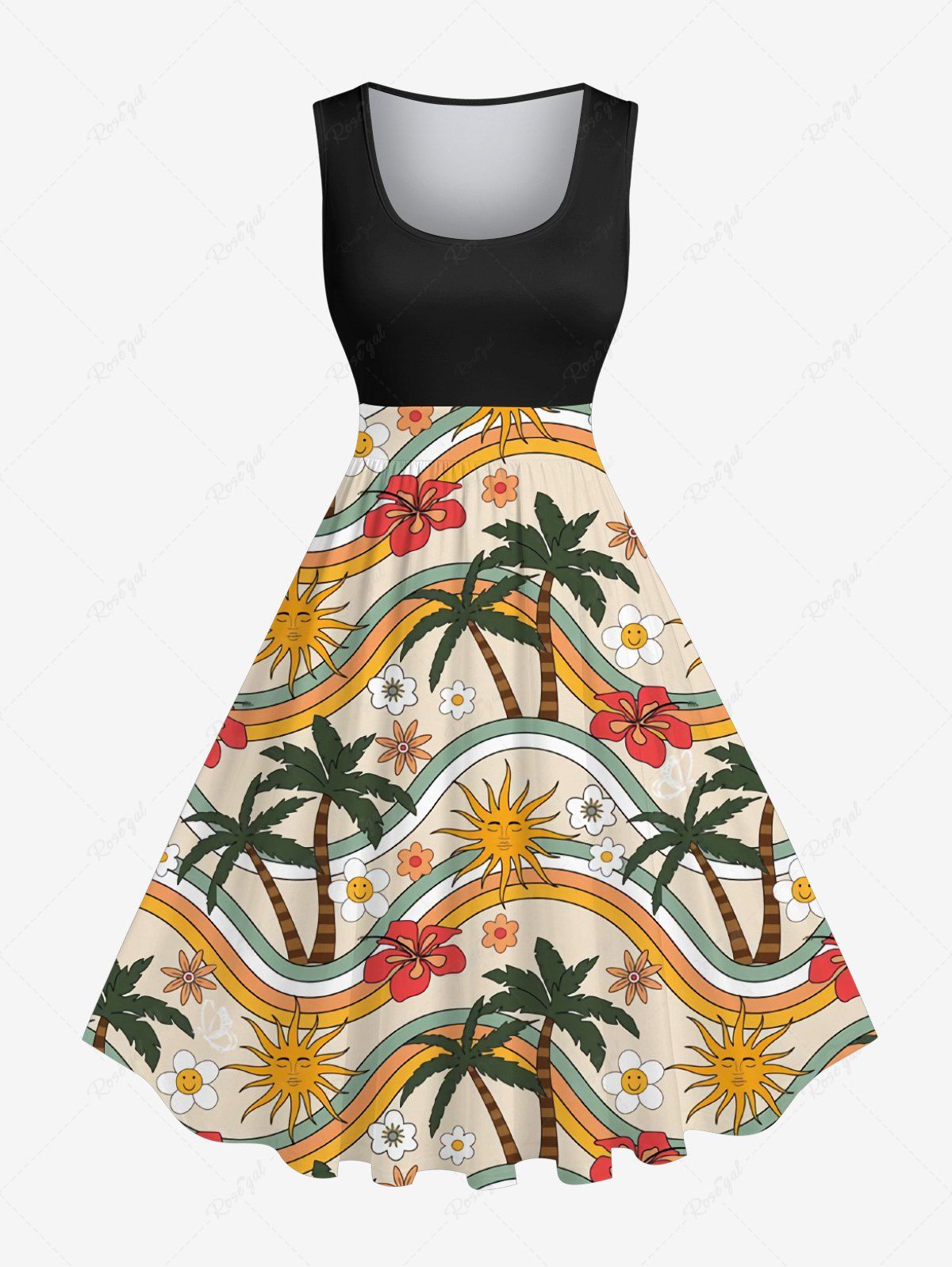 Sale Plus Size Coconut Tree Sun Floral Rainbow Print Hawaii Vintage Swing A Line Dress  