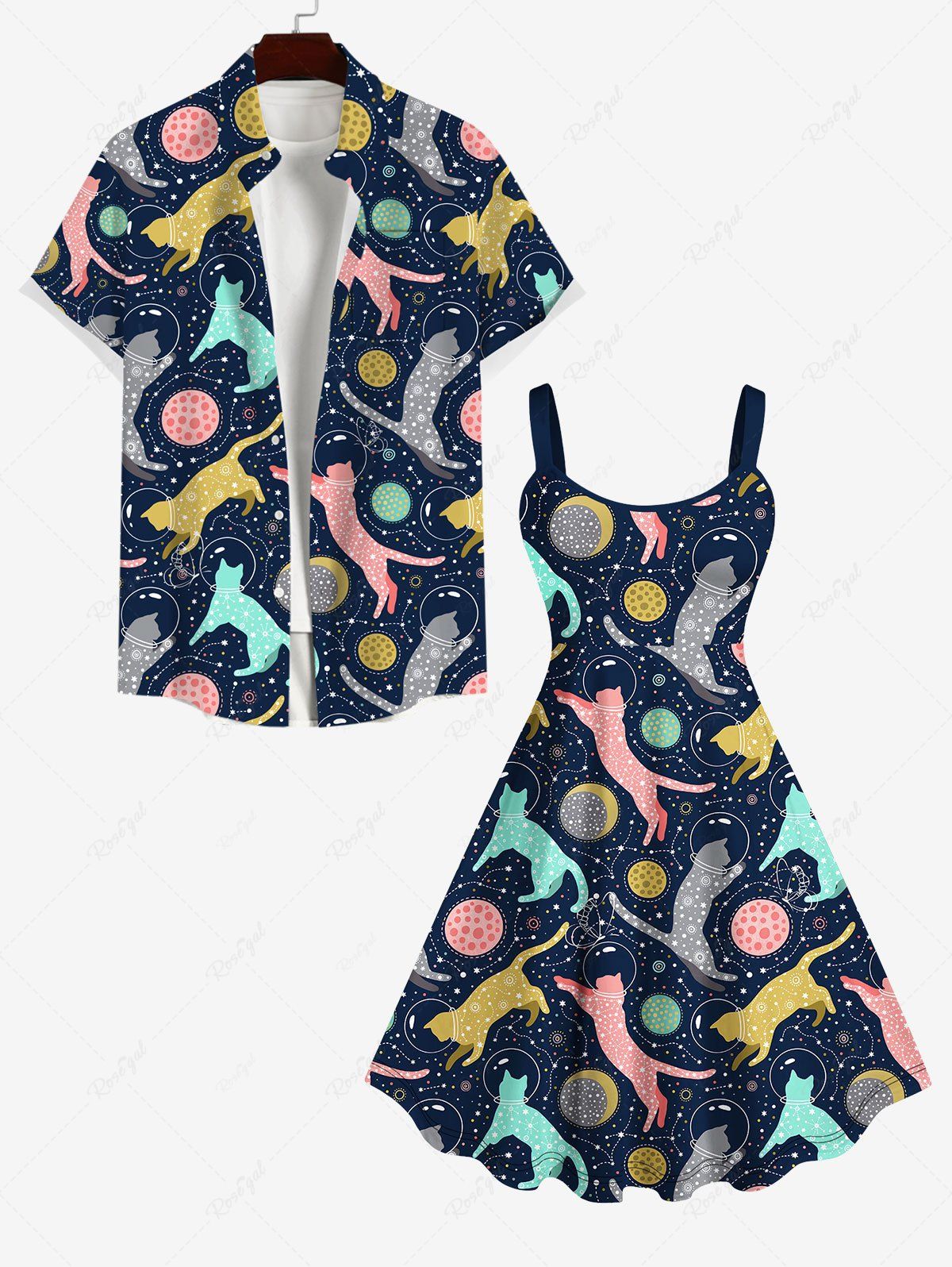 Fashion Cat Bubble Moon Planet Galaxy Butterfly Print Plus Size Matching Set For Couples  